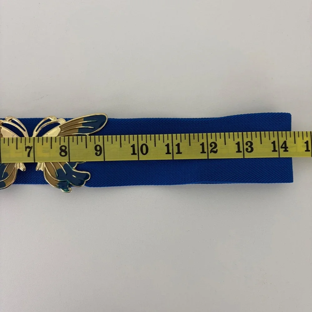 Vintage Royal Blue Elastic Cinch‎ Belt Gold Butterfly Enamel Buckle Fairycore